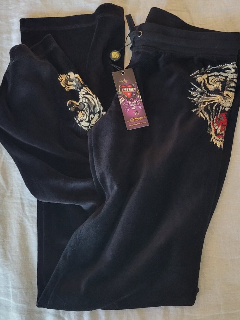 Vintage Y2K Ed Hardy Christian Audigier Velour RhinestoneTigerPants NWT !! L